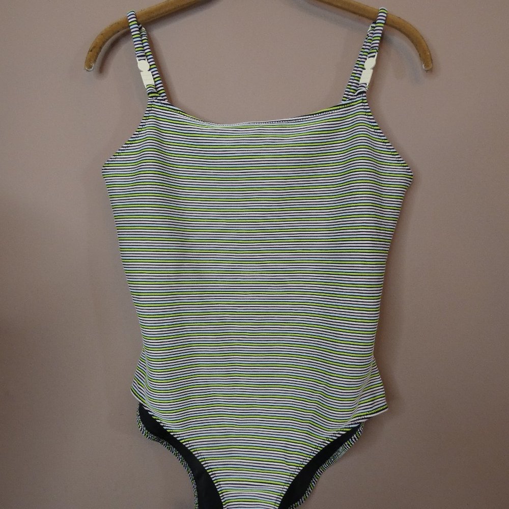 Solid & Striped Women's XL Nina Logo One Piece Swimsuit Mini Stripes Pink Green